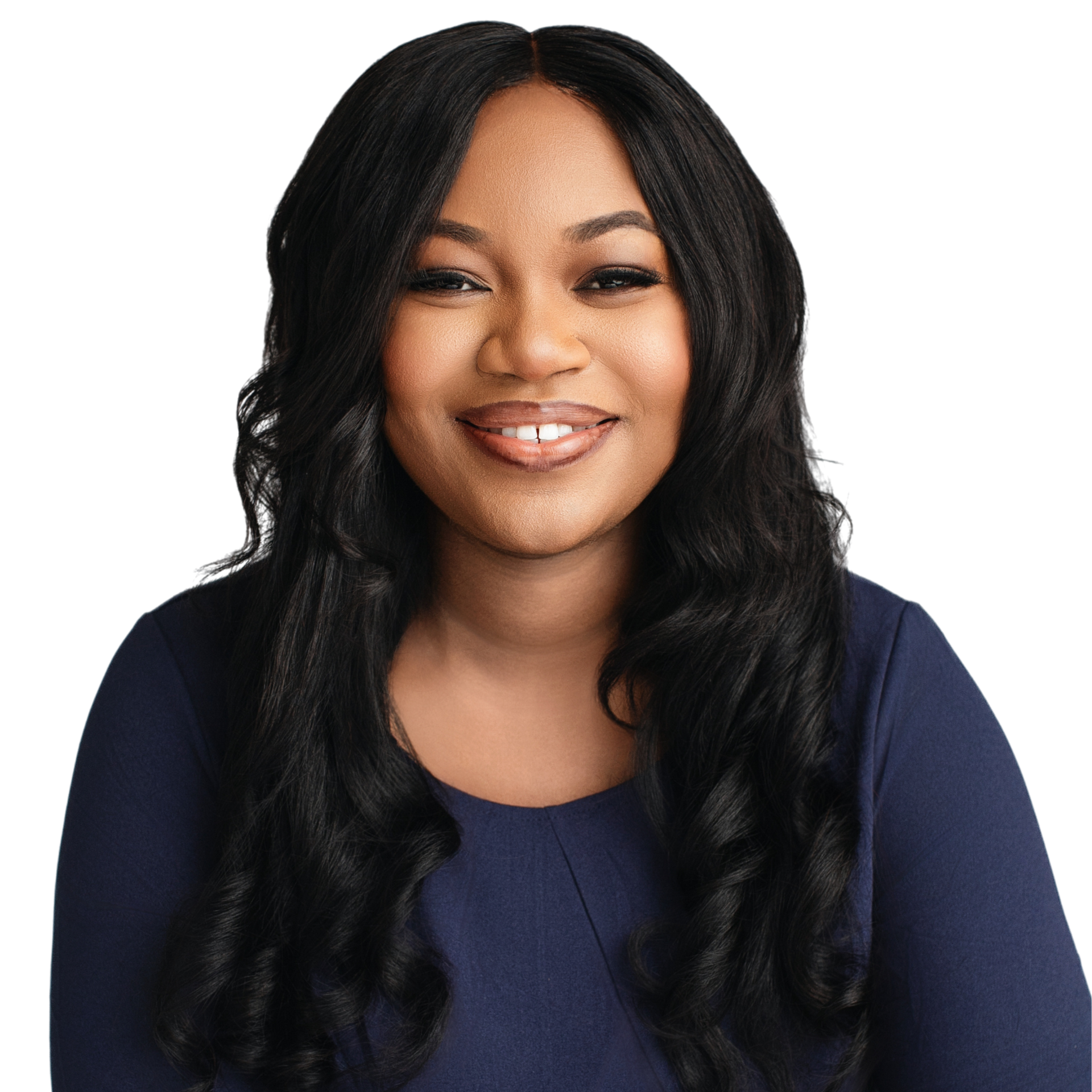 Woman with long, dark wavy hair smiles, wearing a navy blue top against a white background.