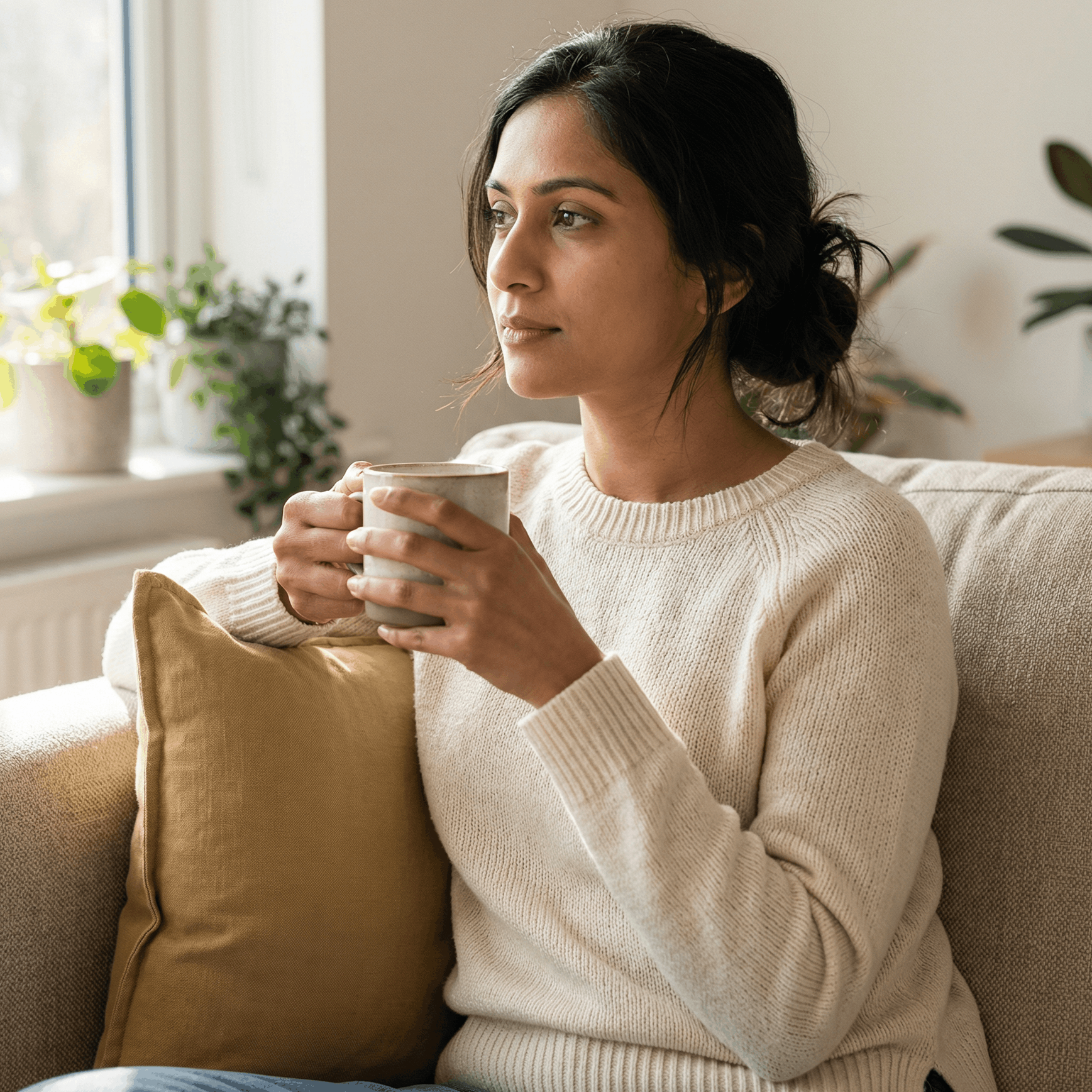 Woman holding mug, gazing out a window, sitting on a couch.