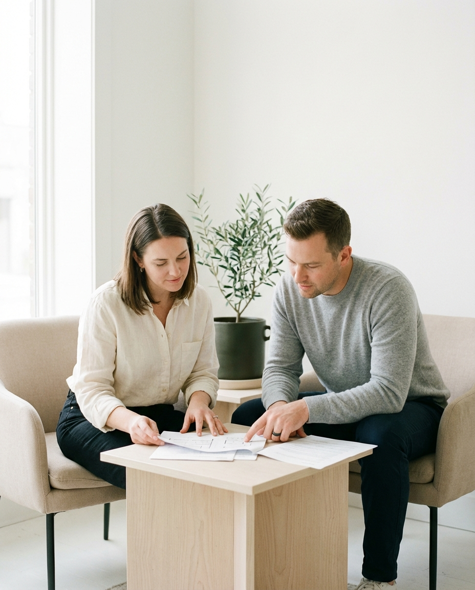 Couple reviews paperwork together at a small table indoors.