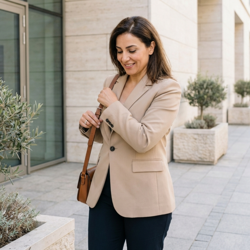 Woman in tan blazer and shoulder bag, smiling, outside a building.