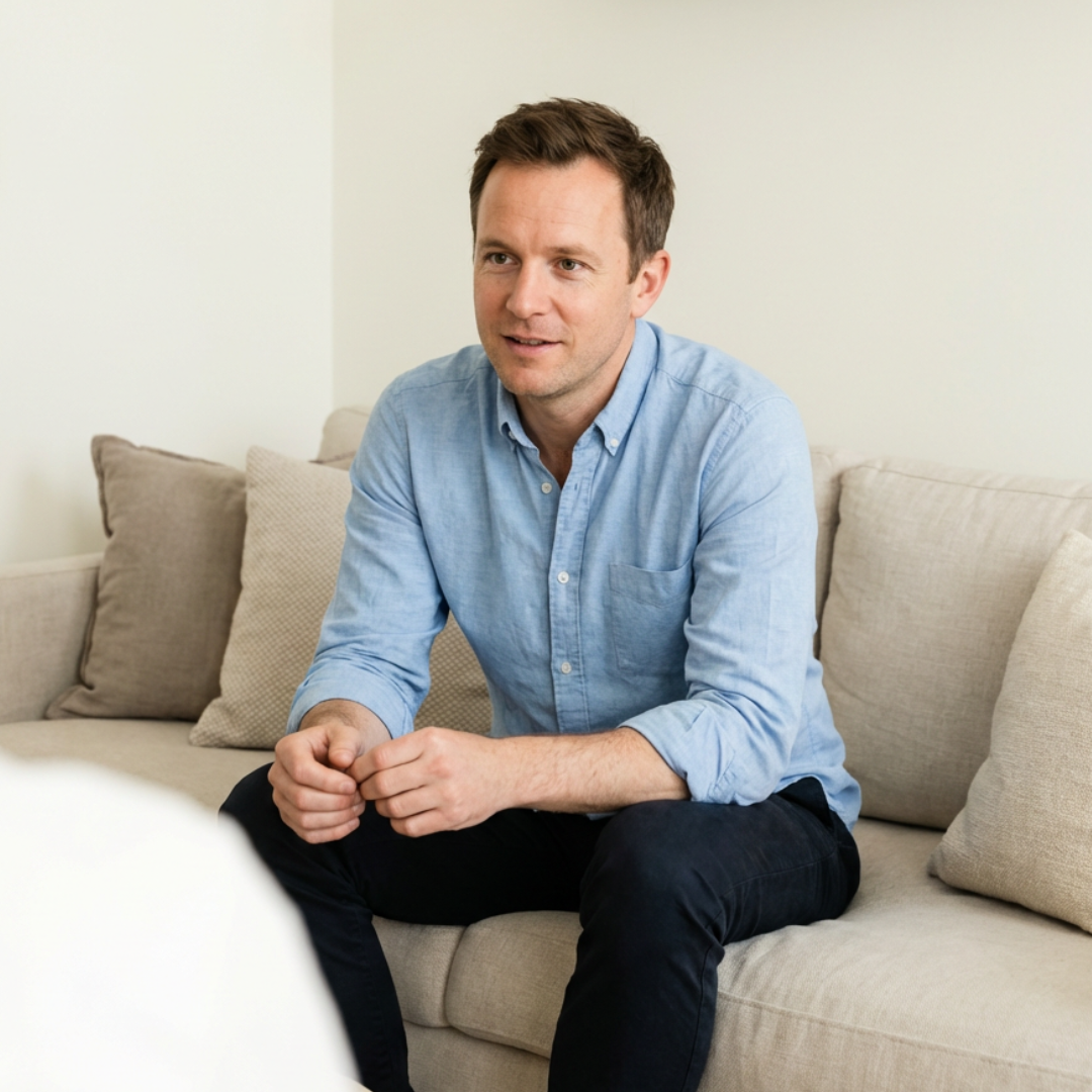 Man sitting on a beige couch, wearing a blue shirt and black pants, looking to the side.