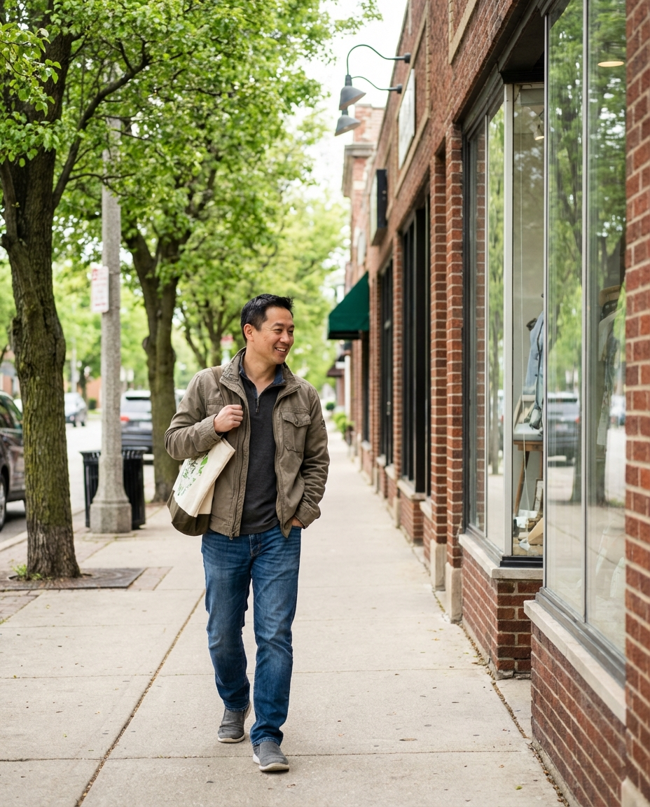 Man walking on a sidewalk, carrying a bag, looking at a store window; brick buildings and trees in the background.