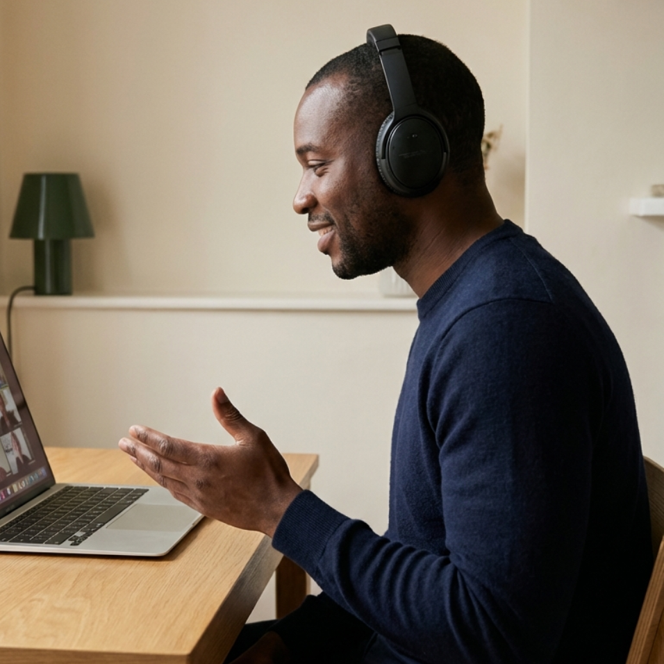 Man wearing headphones on a video call, gesturing with his hand; sitting at a wooden table with a laptop.
