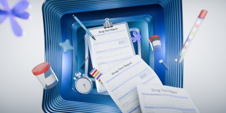 Blue medical-themed graphic with clipboard, pill bottles, pills, syringe, and clock on a layered blue background