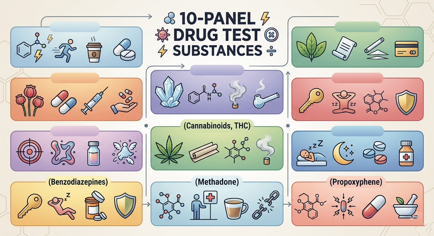 Colorful infographic of 10-panel drug test substances with labeled panels and sample icons