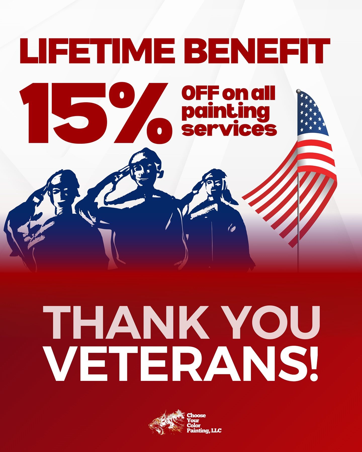 Advertisement offering 15% off painting services to veterans. Features a salute graphic of soldiers with a waving American flag, and red/blue color scheme. "Thank You Veterans!" is written at the bottom.