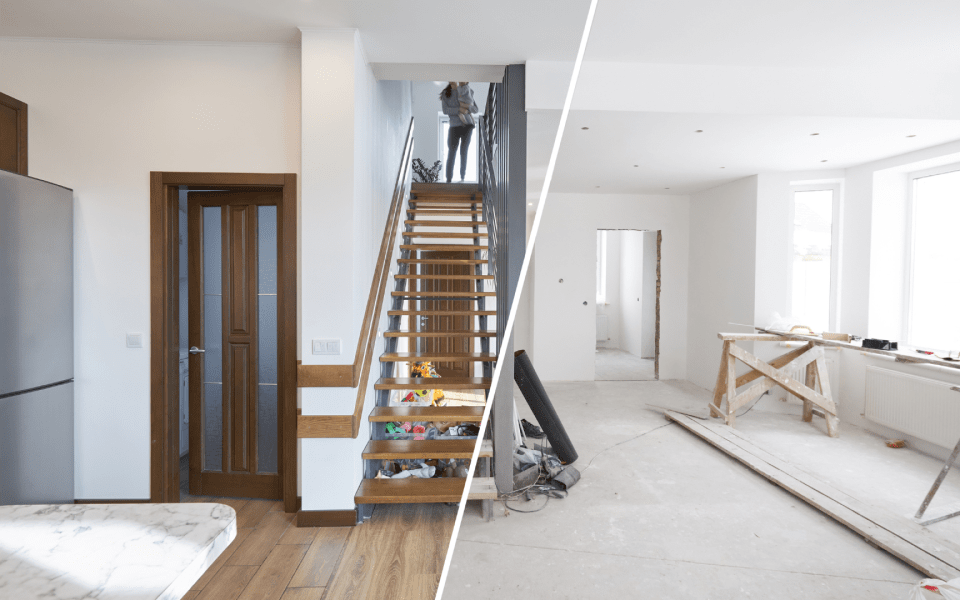 Before-and-after view of a home interior renovation. One side shows a completed kitchen and staircase, while the other reveals a room under construction.