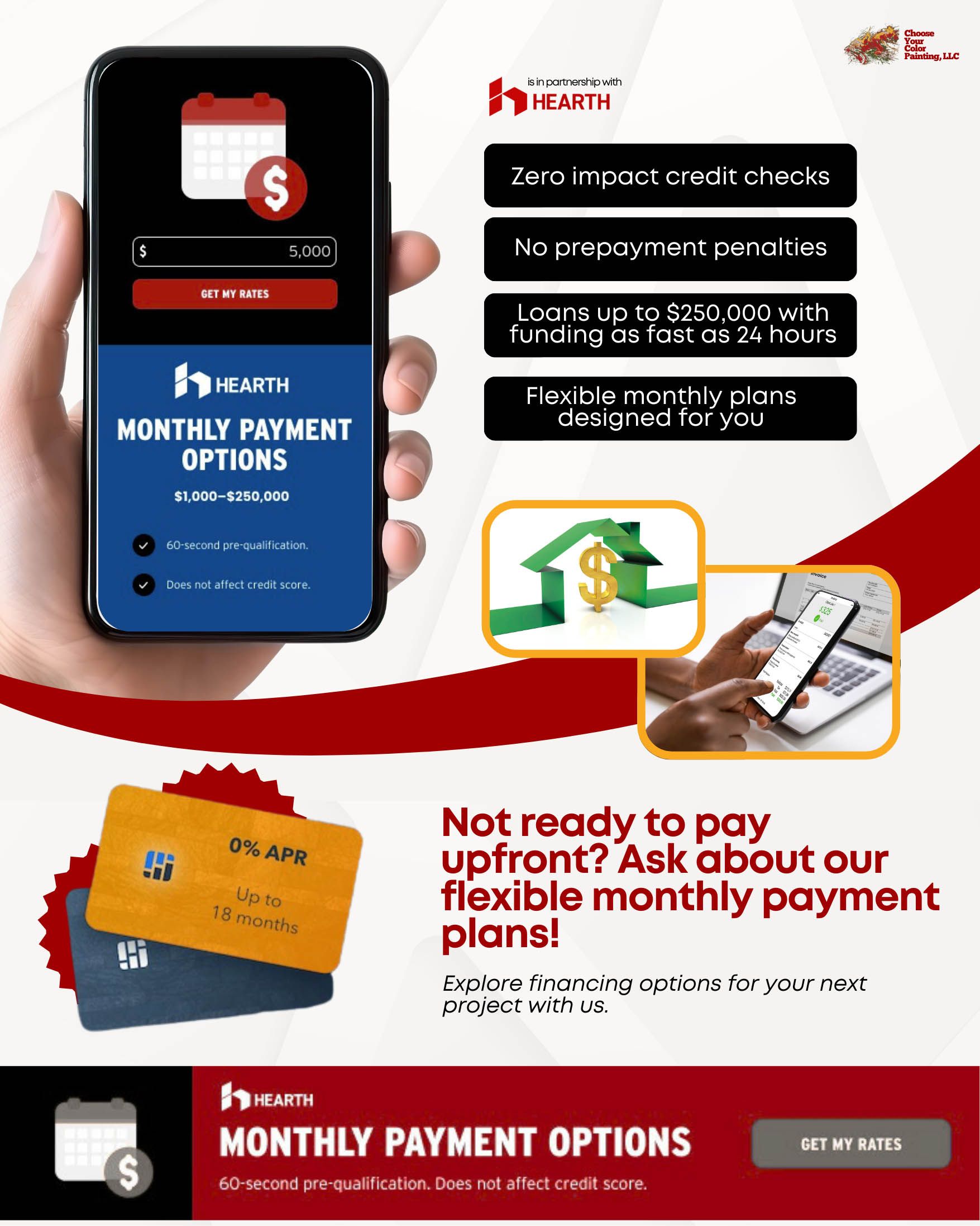 Advertisement for monthly payment options featuring a phone displaying payment details, credit cards, and a house icon, with a red and white design.