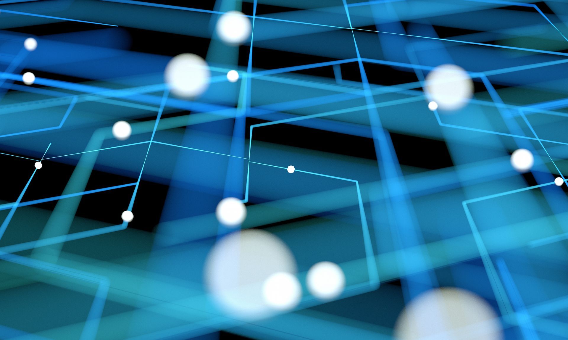 Blue abstract network with glowing white dots and lines.