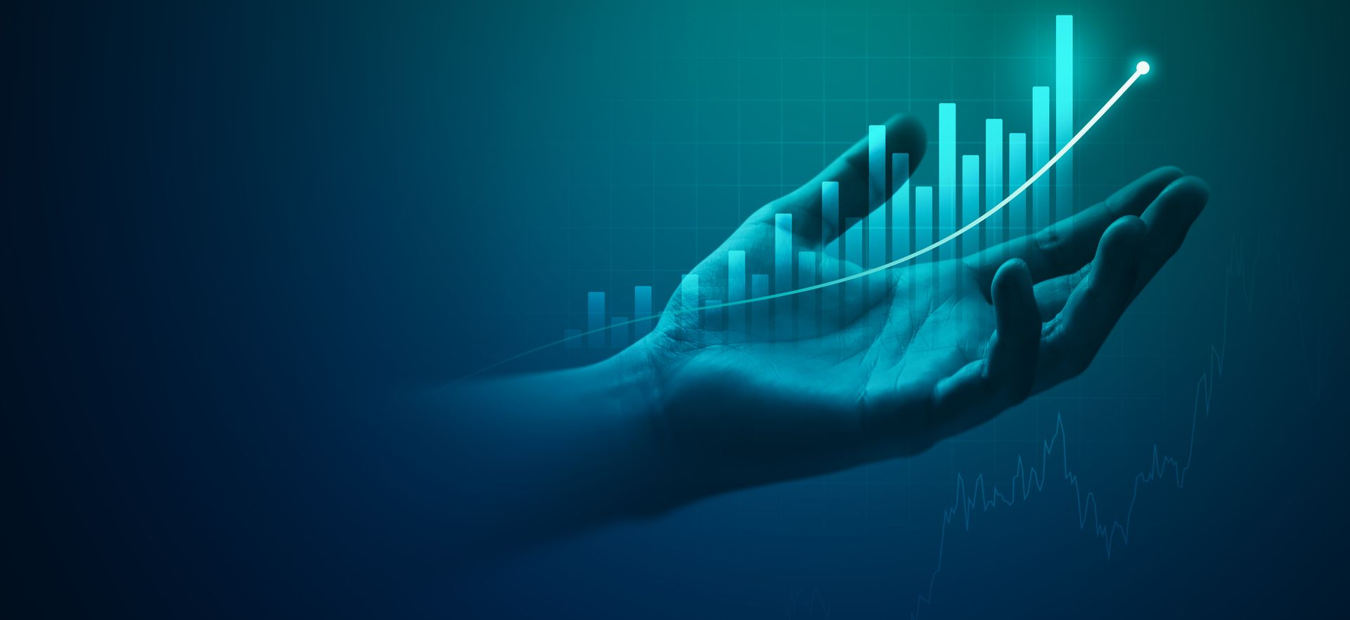 Hand holding a glowing bar graph with an upward trending line, in blue tones, symbolizing growth.