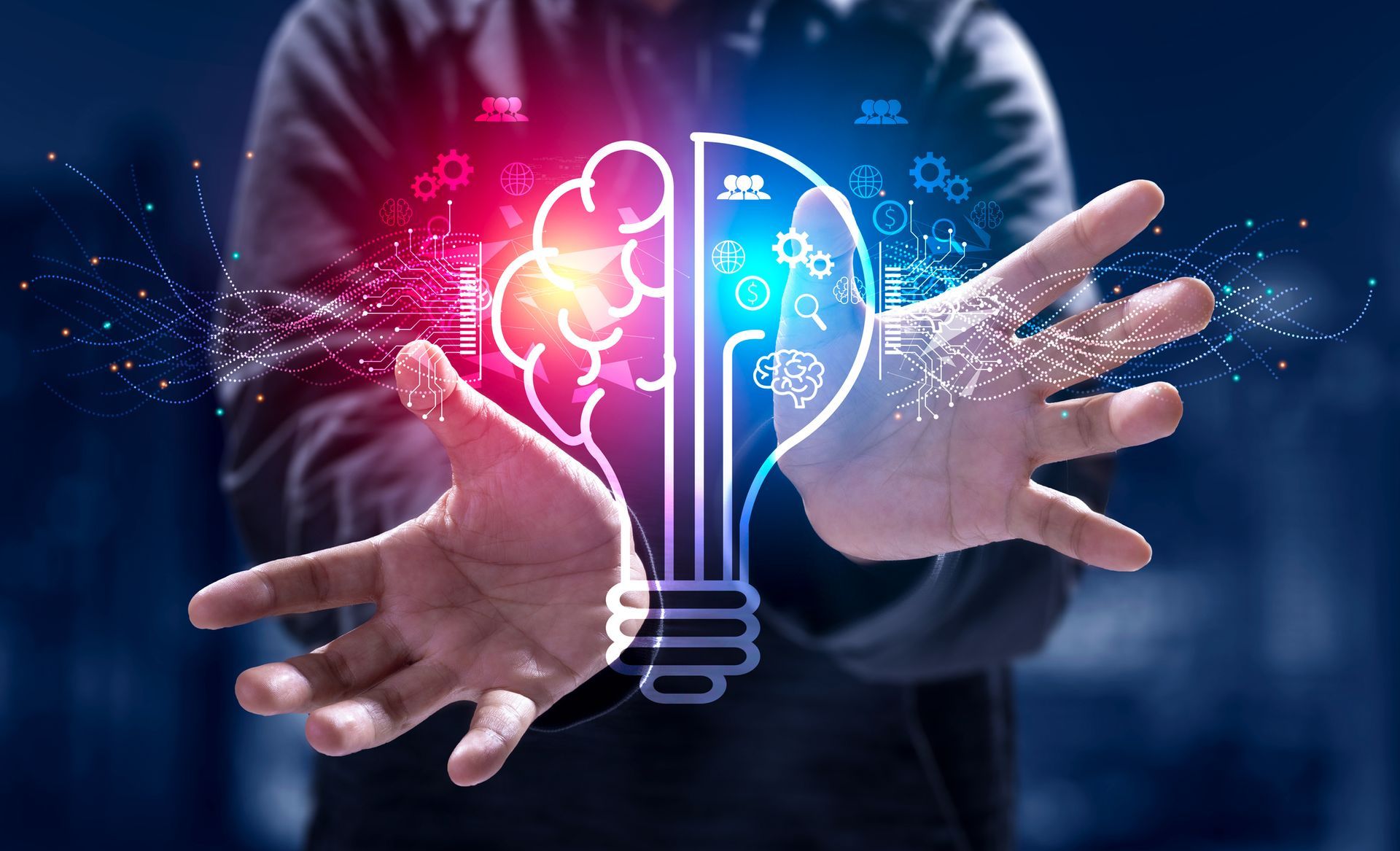 Person holding up a glowing lightbulb divided into a brain and gears; concept of ideas.