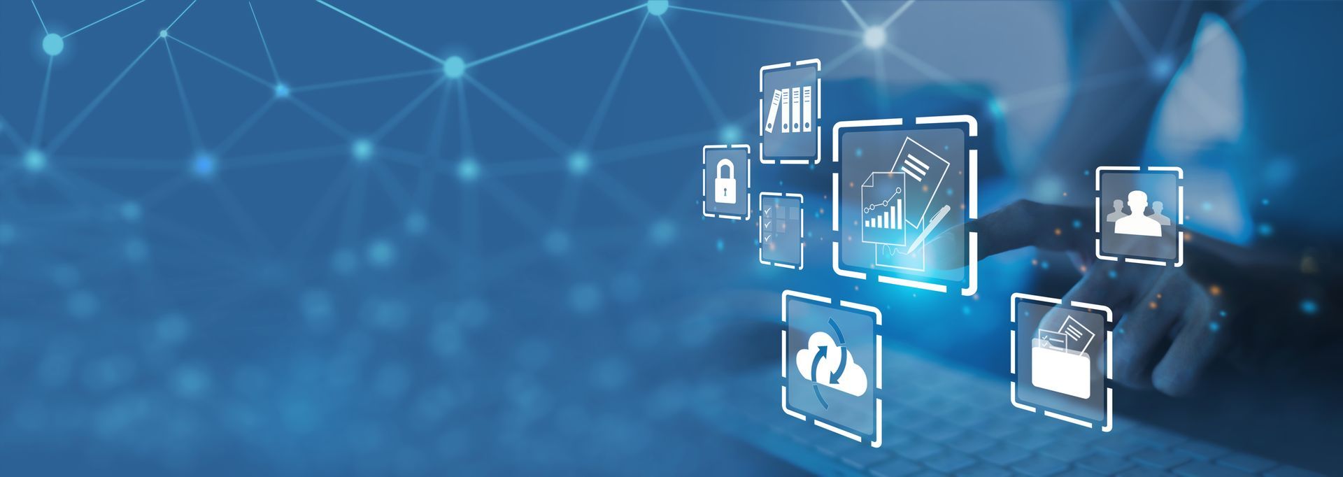 Person interacting with glowing digital icons. Blue background with connected dots.