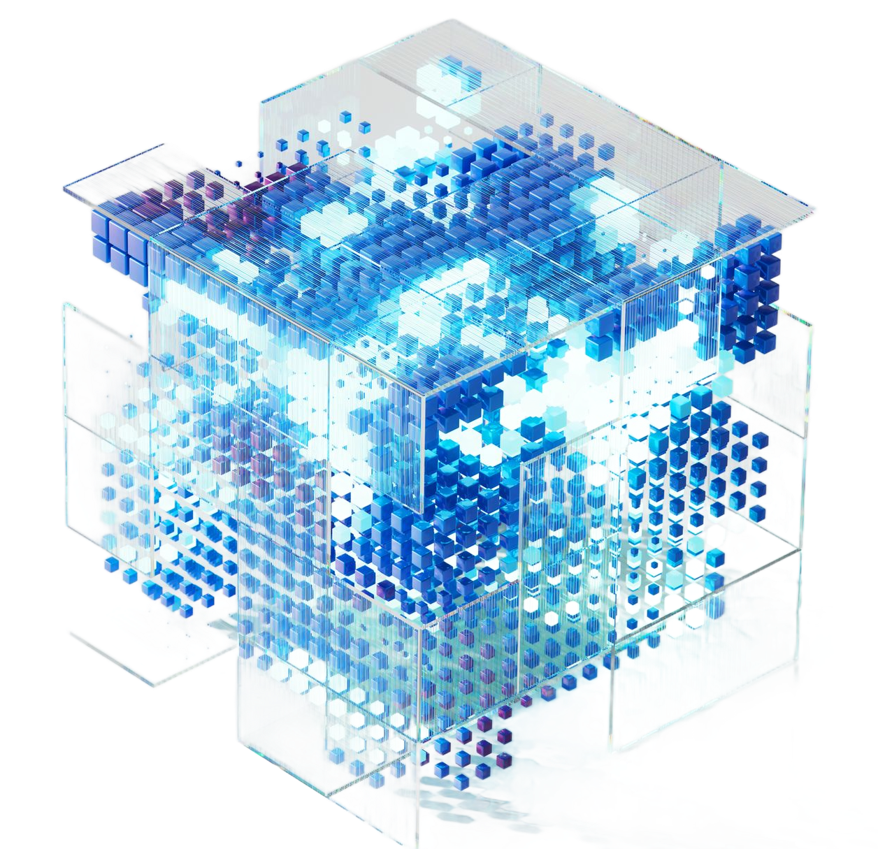 Abstract cube with blue spheres and transparent panels.