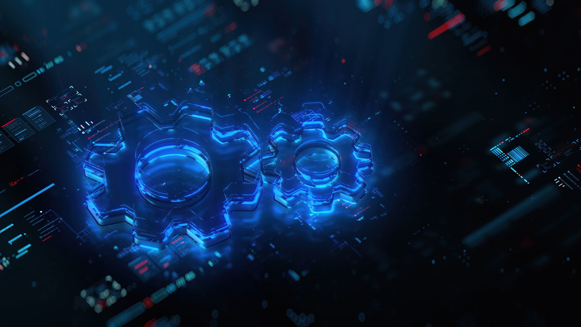 Glowing blue gears against a dark digital background. Glowing blue gears against a dark digital background.