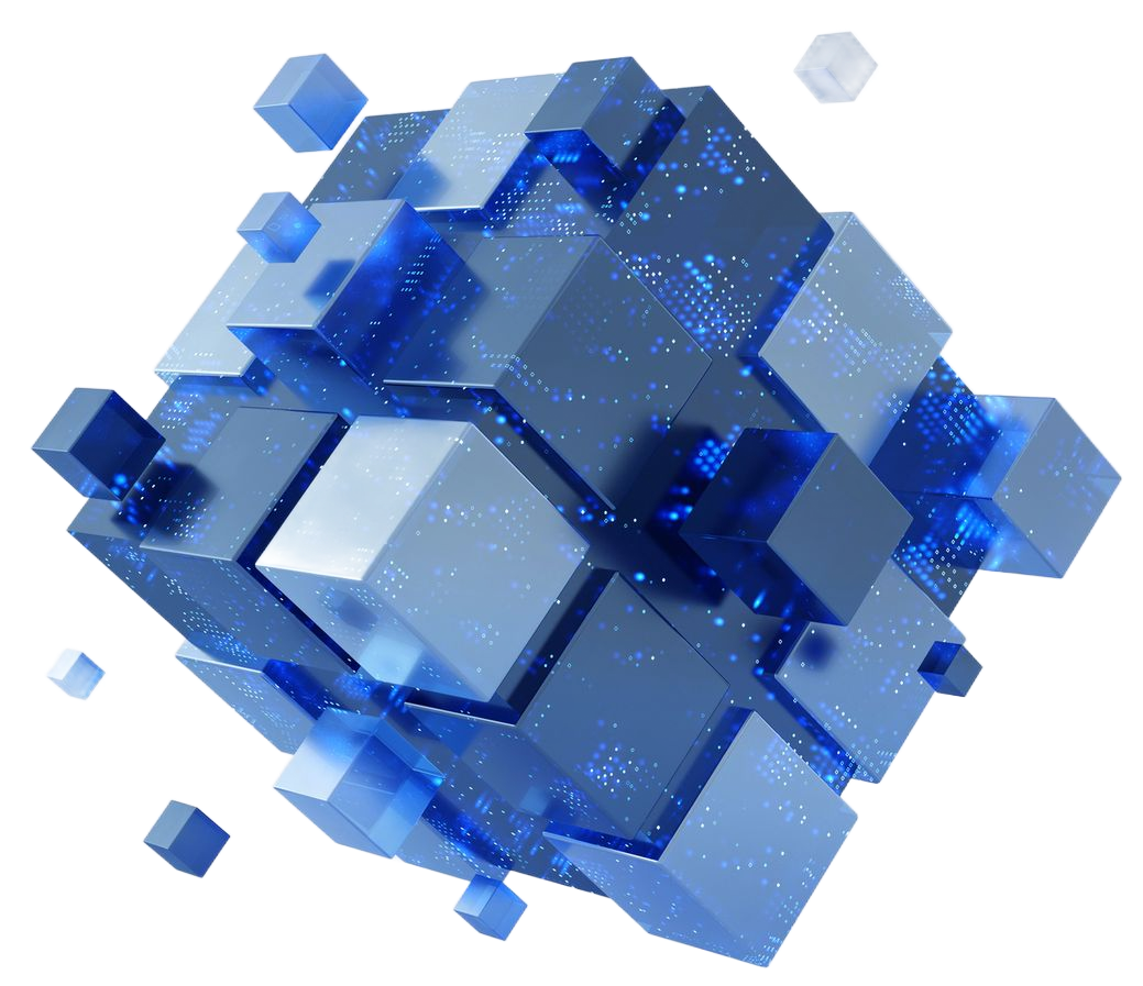 Blue cube made of smaller cubes, with a scattering of floating cubes.