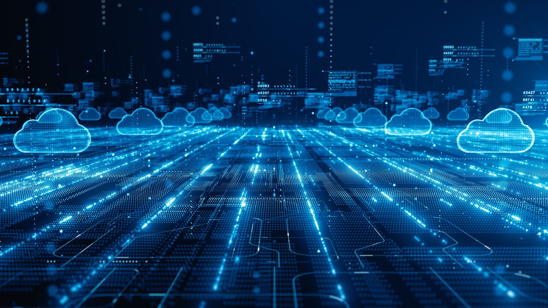 Blue digital cloudscape with glowing lines and cloud icons, representing cloud computing and data. Blue digital cloudscape with glowing lines and cloud icons, representing cloud computing and data.