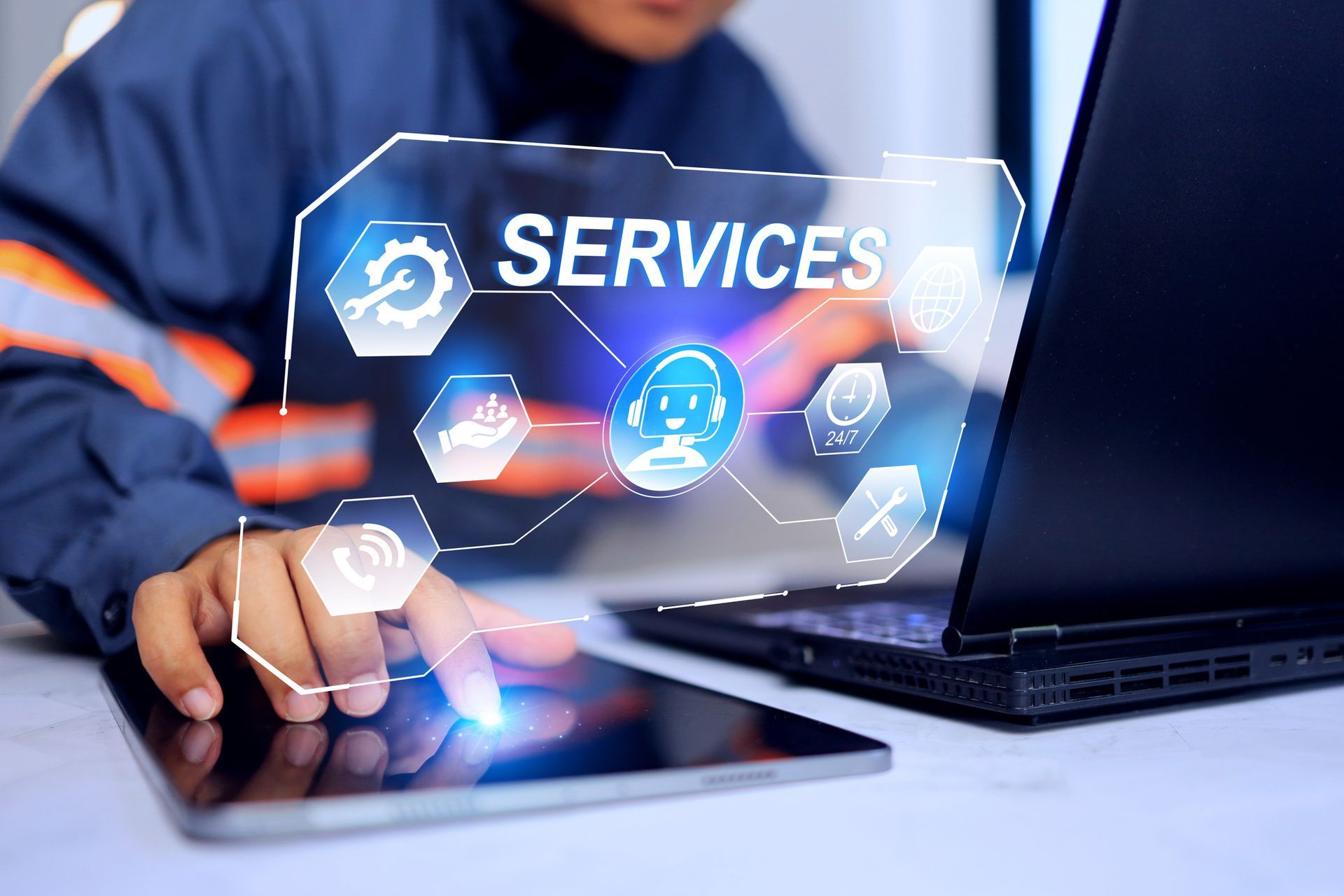 Person in work uniform interacting with digital 