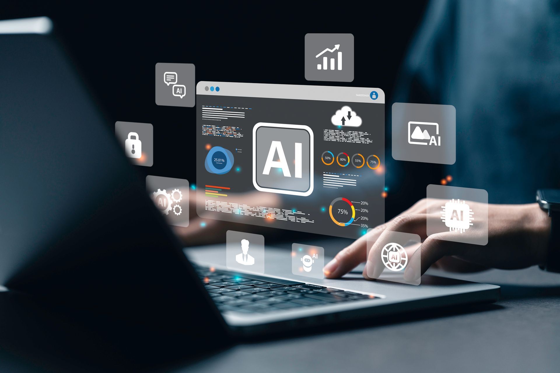Person using laptop, interacting with AI interface showing data visualizations and icons.