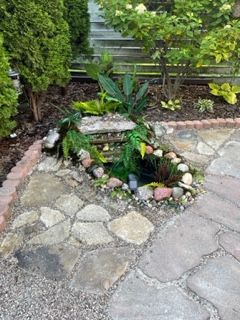 A small pond surrounded by rocks and plants in a garden.