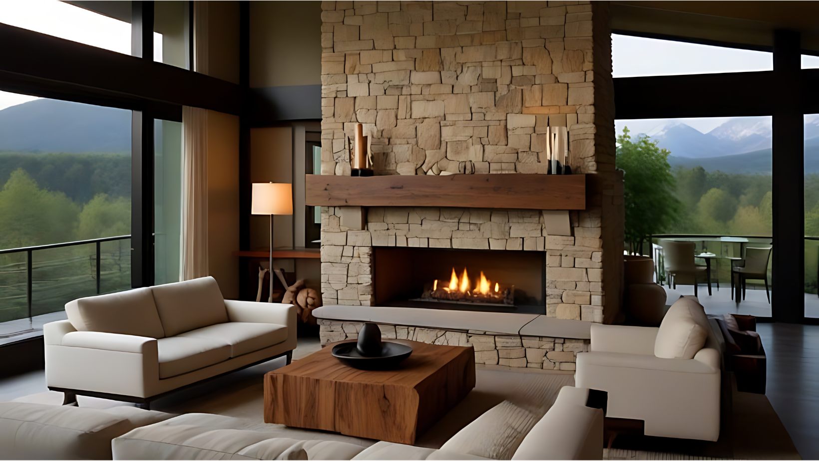 A living room with a fireplace and mountains in the background