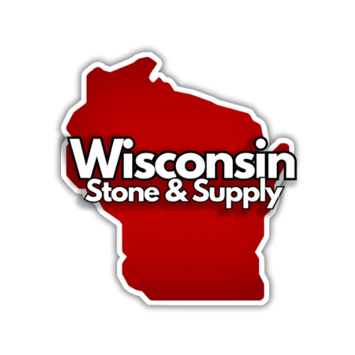 A logo for wisconsin stone and supply with a map of wisconsin