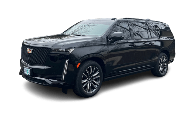 Black Cadillac Escalade SUV on a white background, angled slightly to the left, showing its side profile.