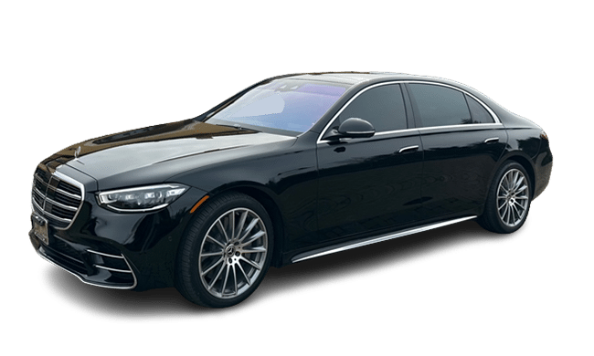 Black Mercedes-Benz S-Class sedan with tinted windows, parked on a white background, angled slightly towards the camera.