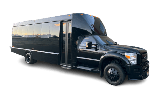 Black party bus with tinted windows, parked on a white background. The door is open.