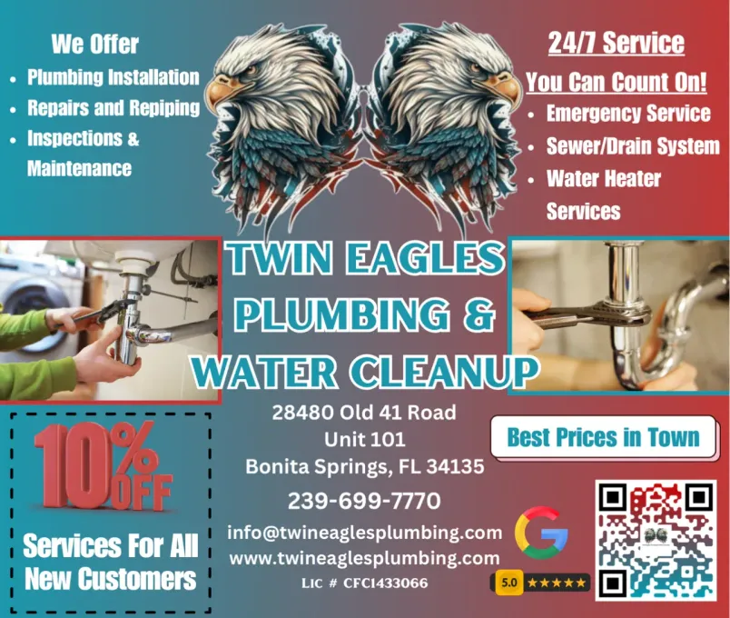 An advertisement for twin eagles plumbing and water cleanup