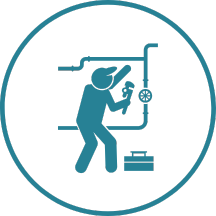 A plumber is fixing a pipe with a wrench in a circle.