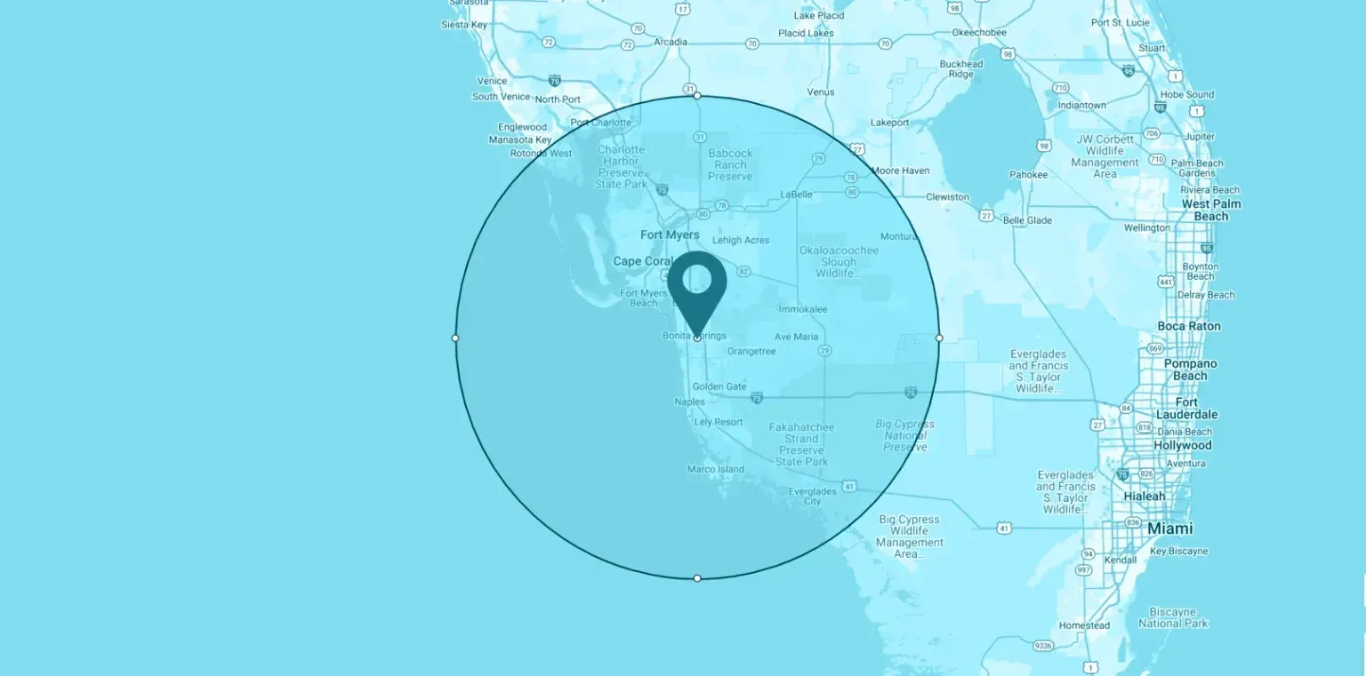 A blue map of florida with a pin on it.