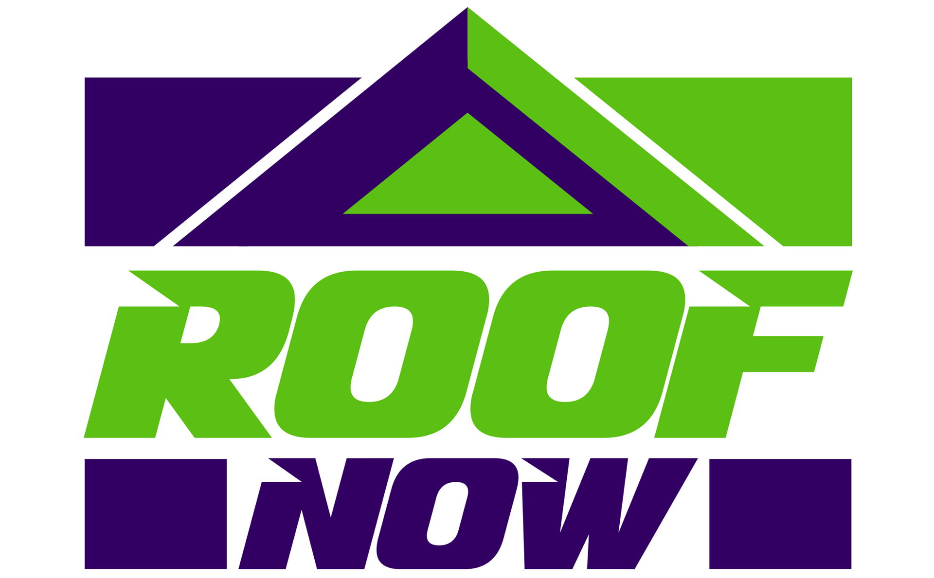 Logo for Roof Now with bold lime green text and a purple triangular roof icon against a purple and green background.