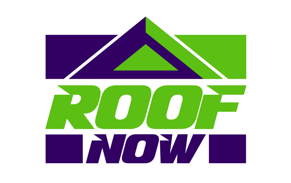 A green and purple logo featuring a stylized roof icon above the text