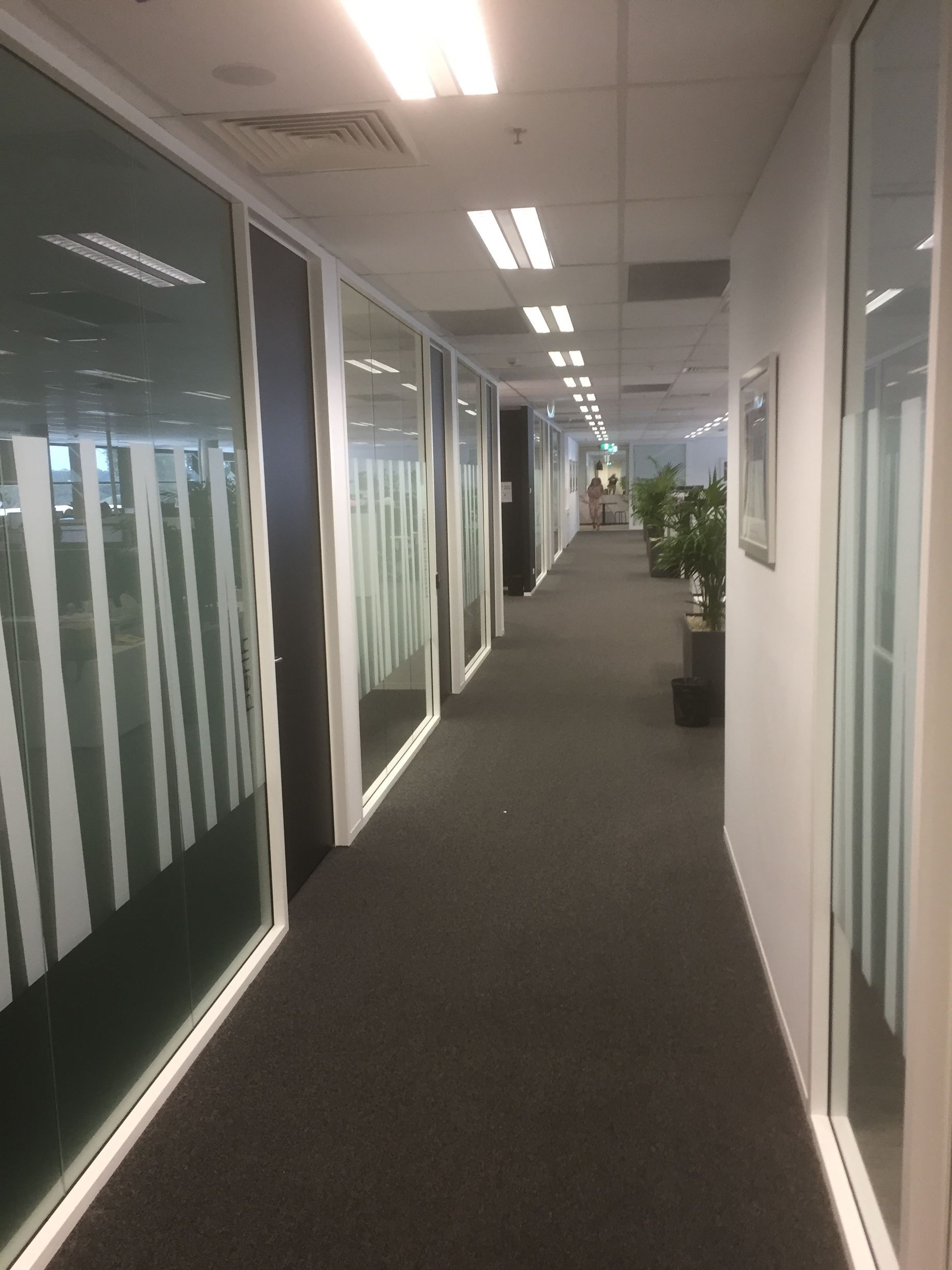 Office corridor with glass-walled rooms on both sides, dark carpet, and fluorescent lights overhead.