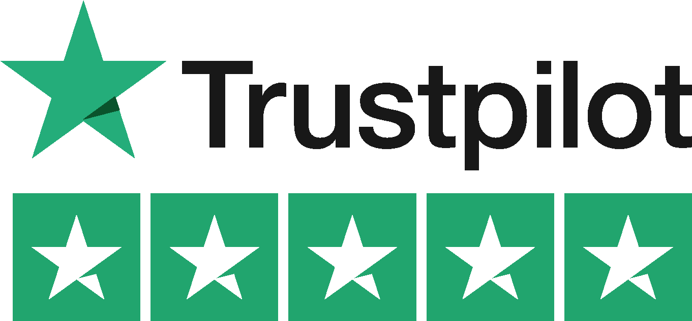 Trustpilot logo with a green star and the word Trustpilot with five green stars below.