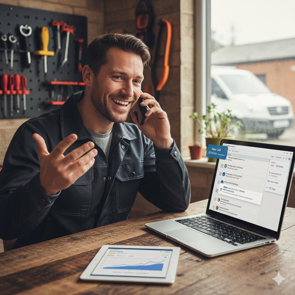 Man smiling on phone, using laptop and tablet at a workshop table.
