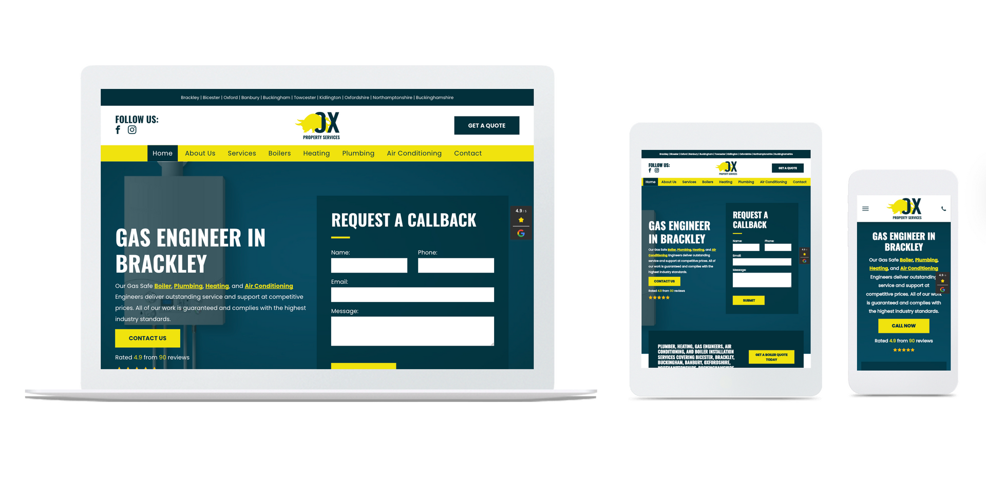 Website design on a laptop, tablet, and phone with a form for a gas engineer.