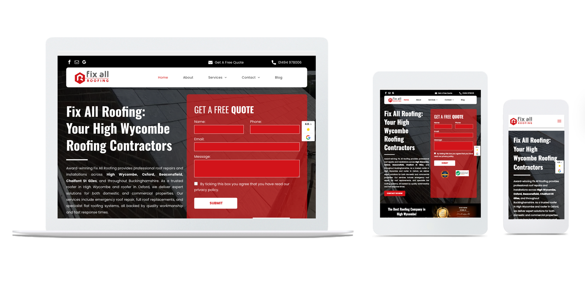 Website design on laptop, tablet, and phone; red and white color scheme; roofing contractor advertisement.