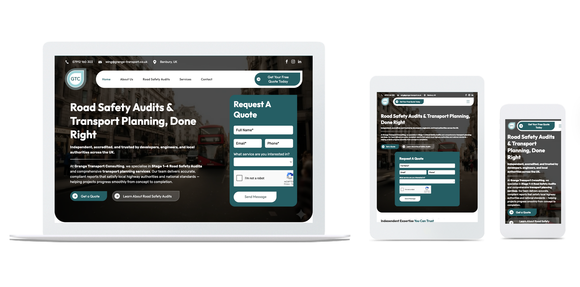 Website design displayed on a laptop, tablet, and smartphone showcasing road safety and transport planning services.