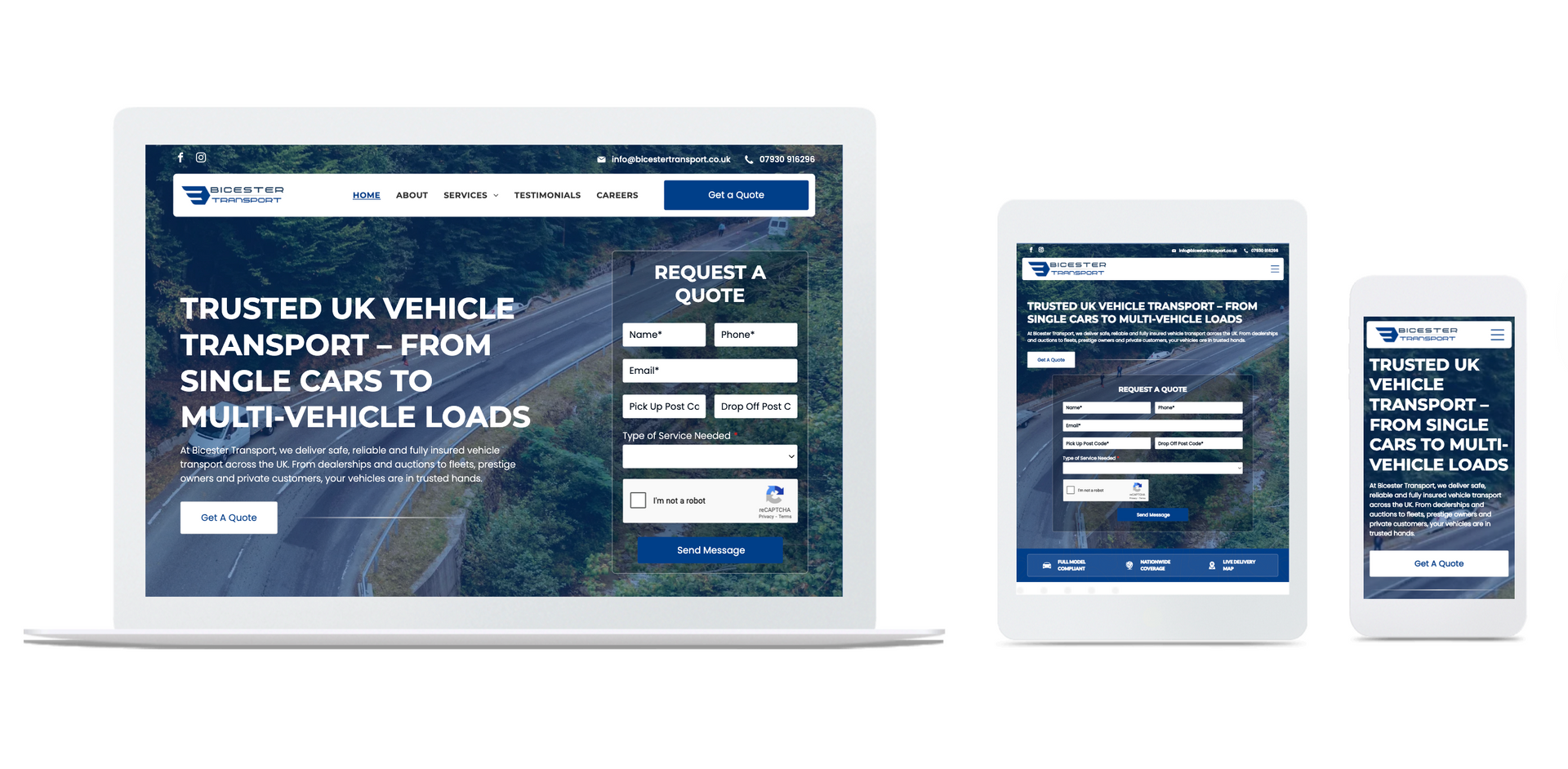 Website displayed on a laptop, tablet, and smartphone screens, showing a vehicle transport service.