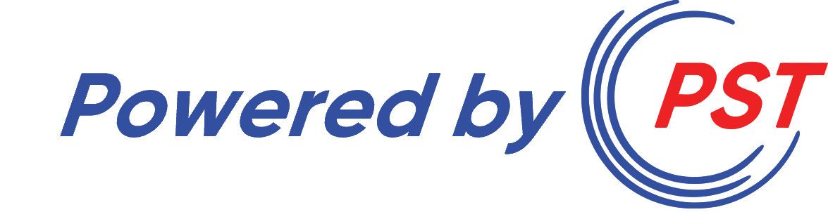 Powered by PST logo in blue and red with circular ring design