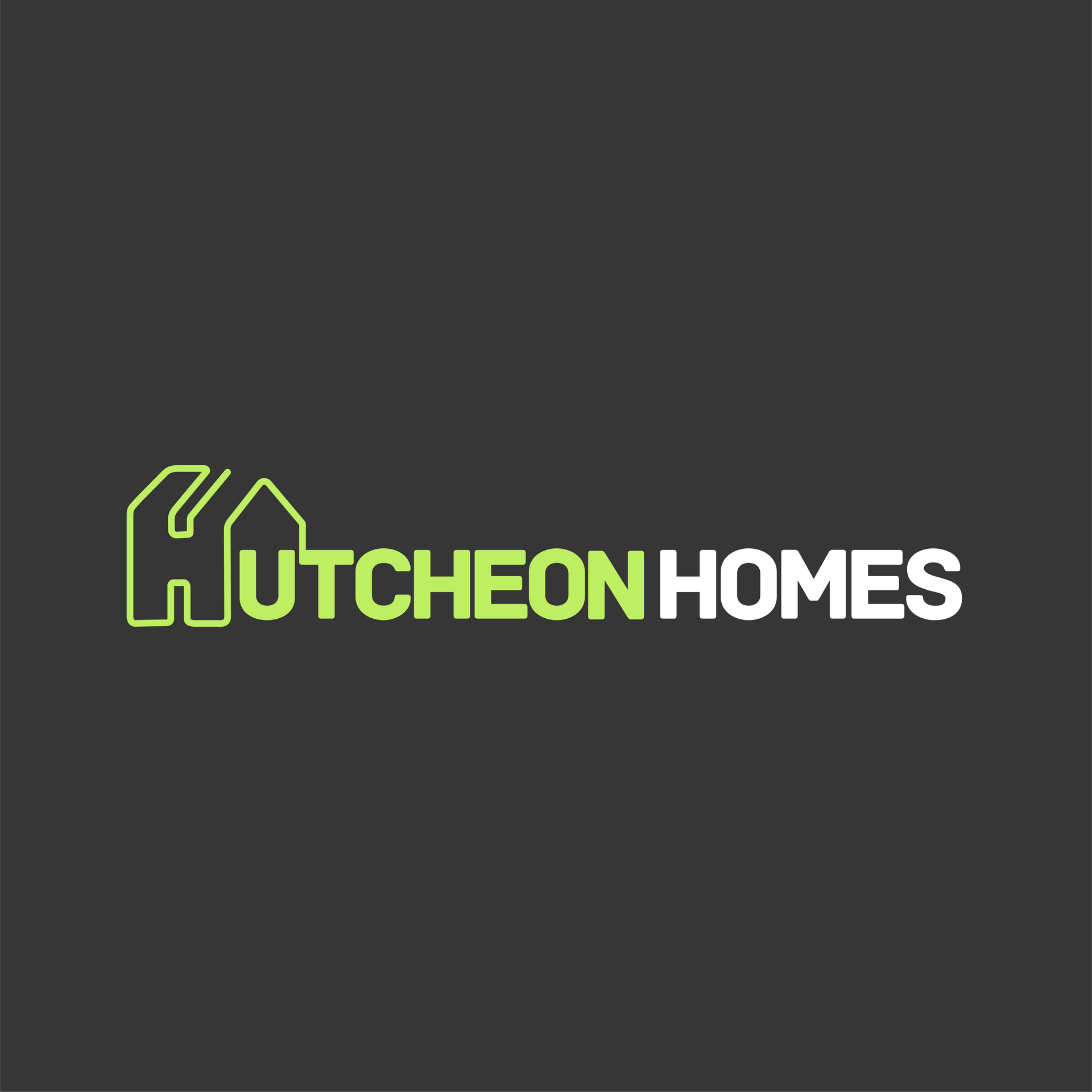 The logo for hutcheon homes is green and white on a black background.