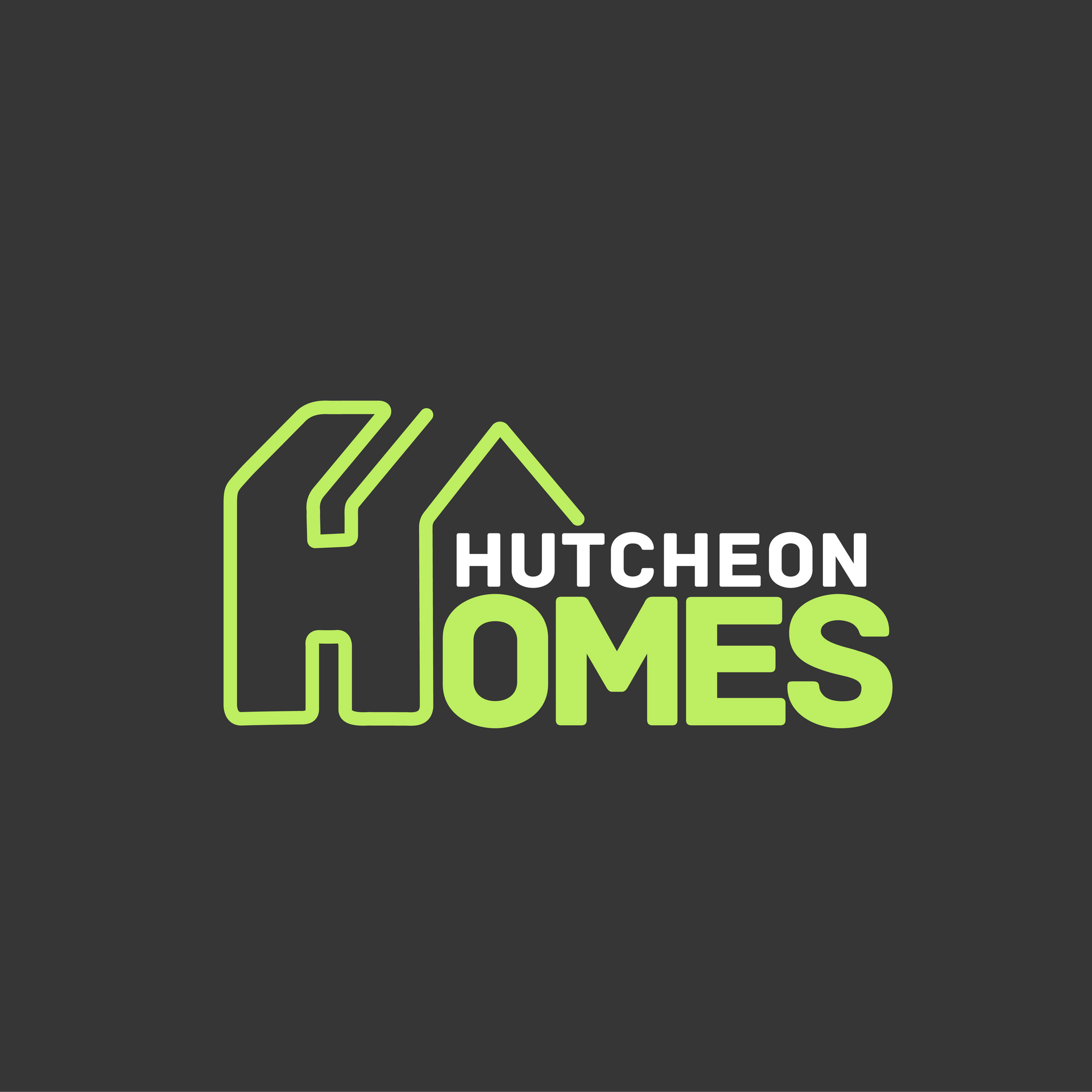 The logo for hutcheon homes is green and white on a black background.