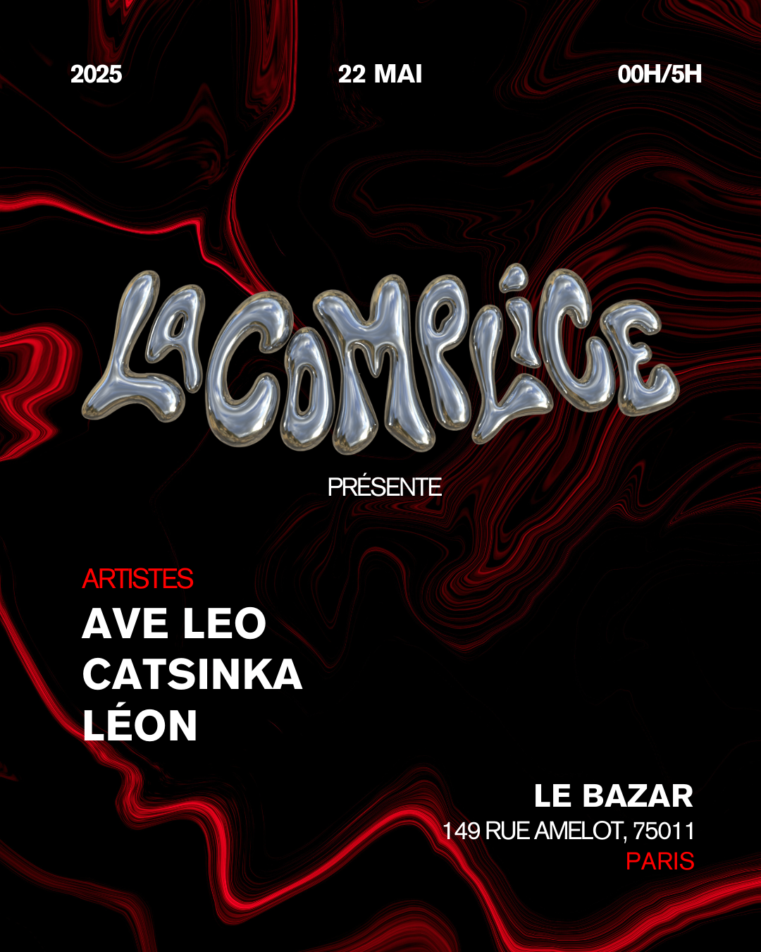 A blue and black poster with the word lacomplice on it