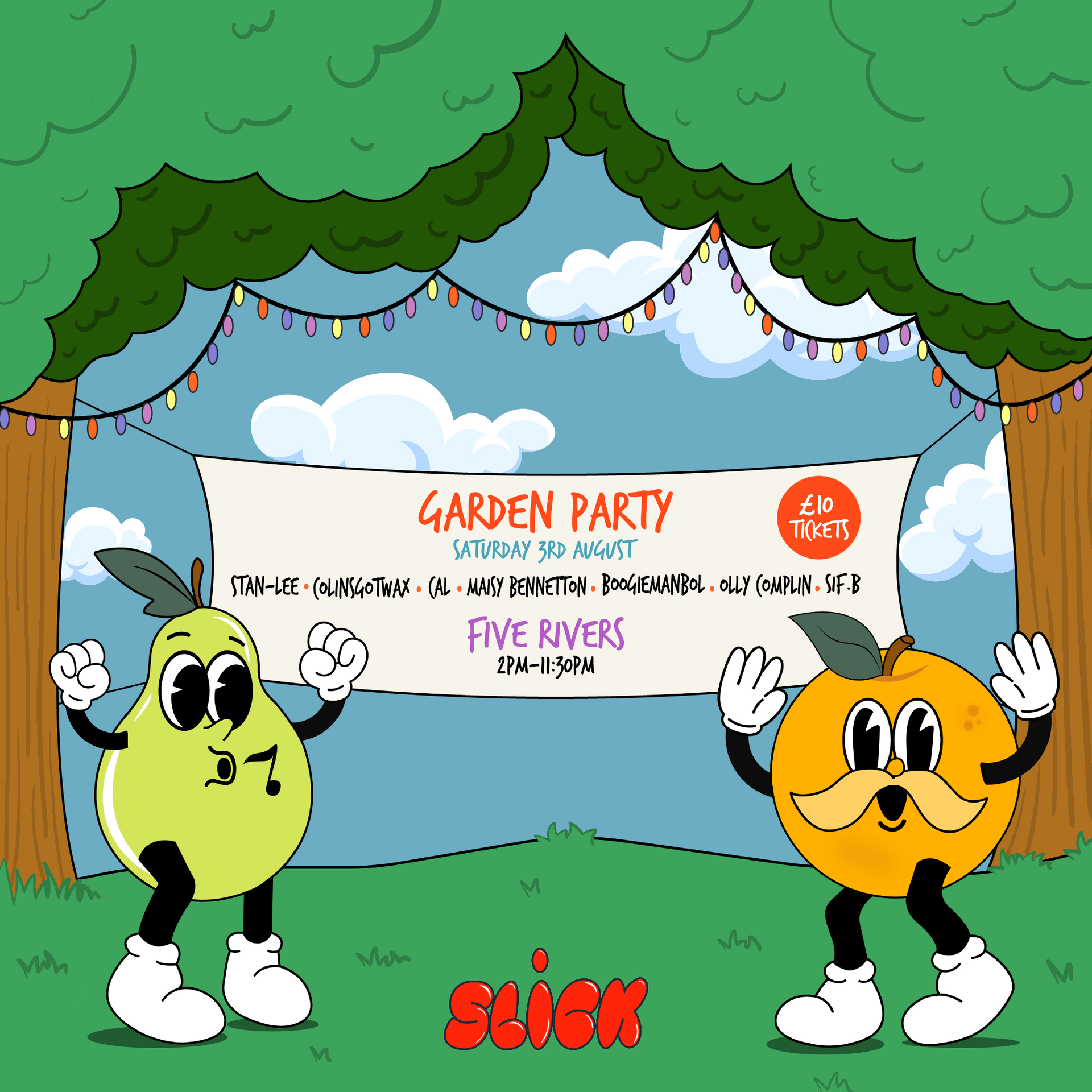 A cartoon of a pear and an orange holding a sign that says garden party