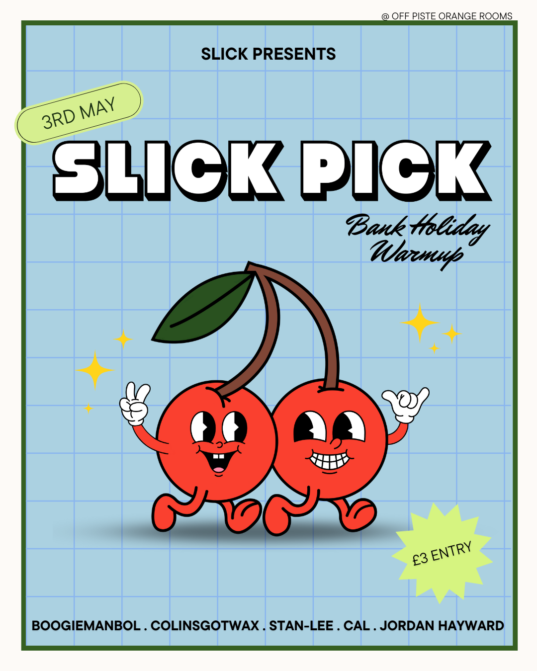 A poster for slick pick with two cherries on it