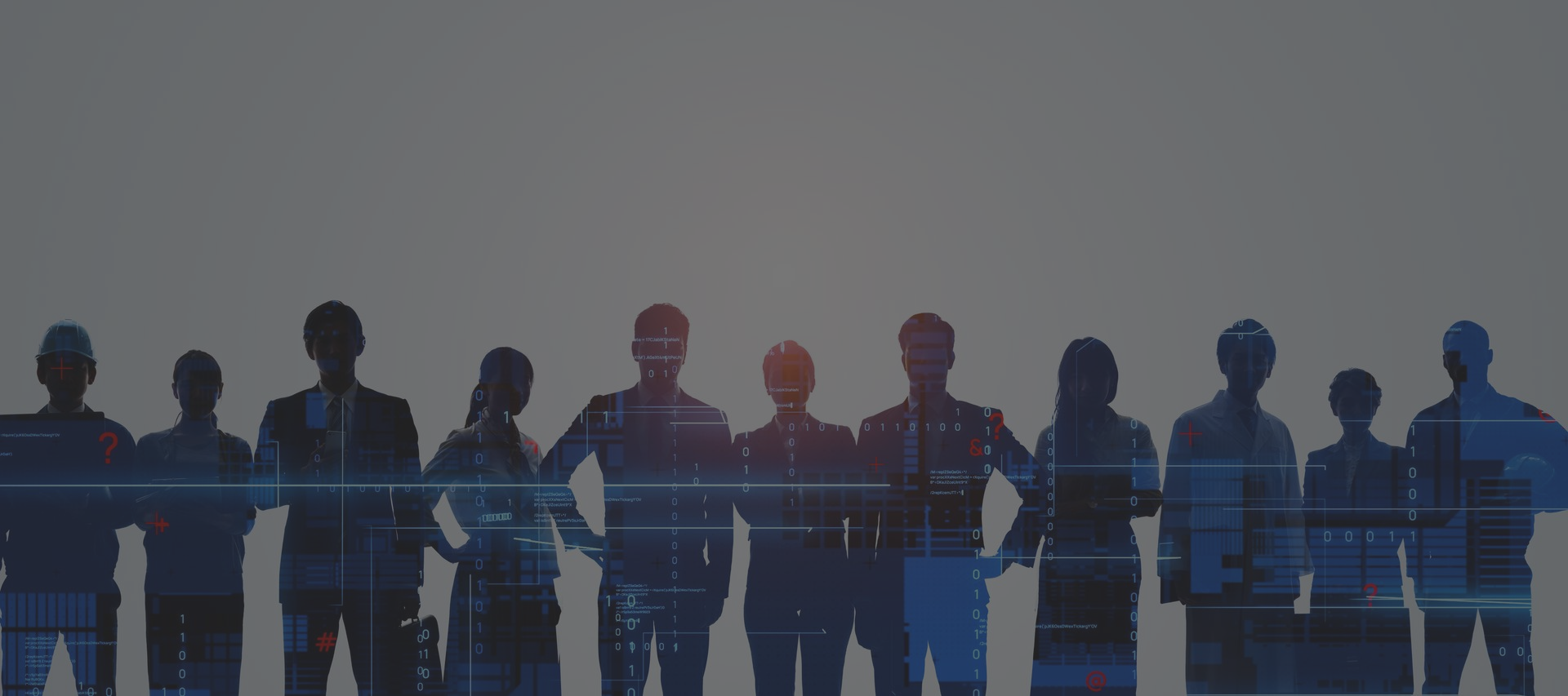 A silhouette of a group of people standing in a row against a light background, overlaid with digital blue data lines.