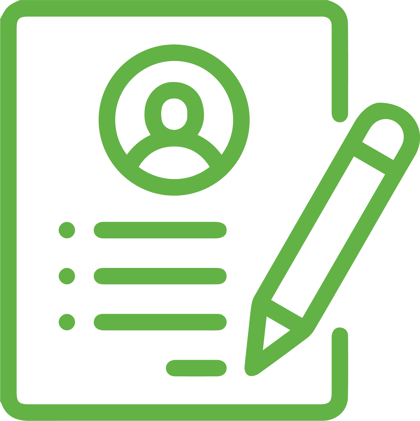 A green icon of a person writing on a piece of paper with a pencil.