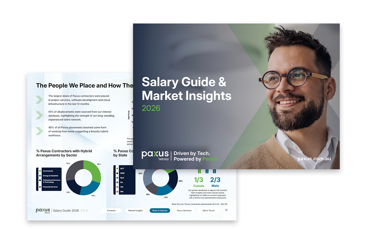 Salary Guide & Market Insights 2023. Man in glasses on cover. Graphs & text on left page.