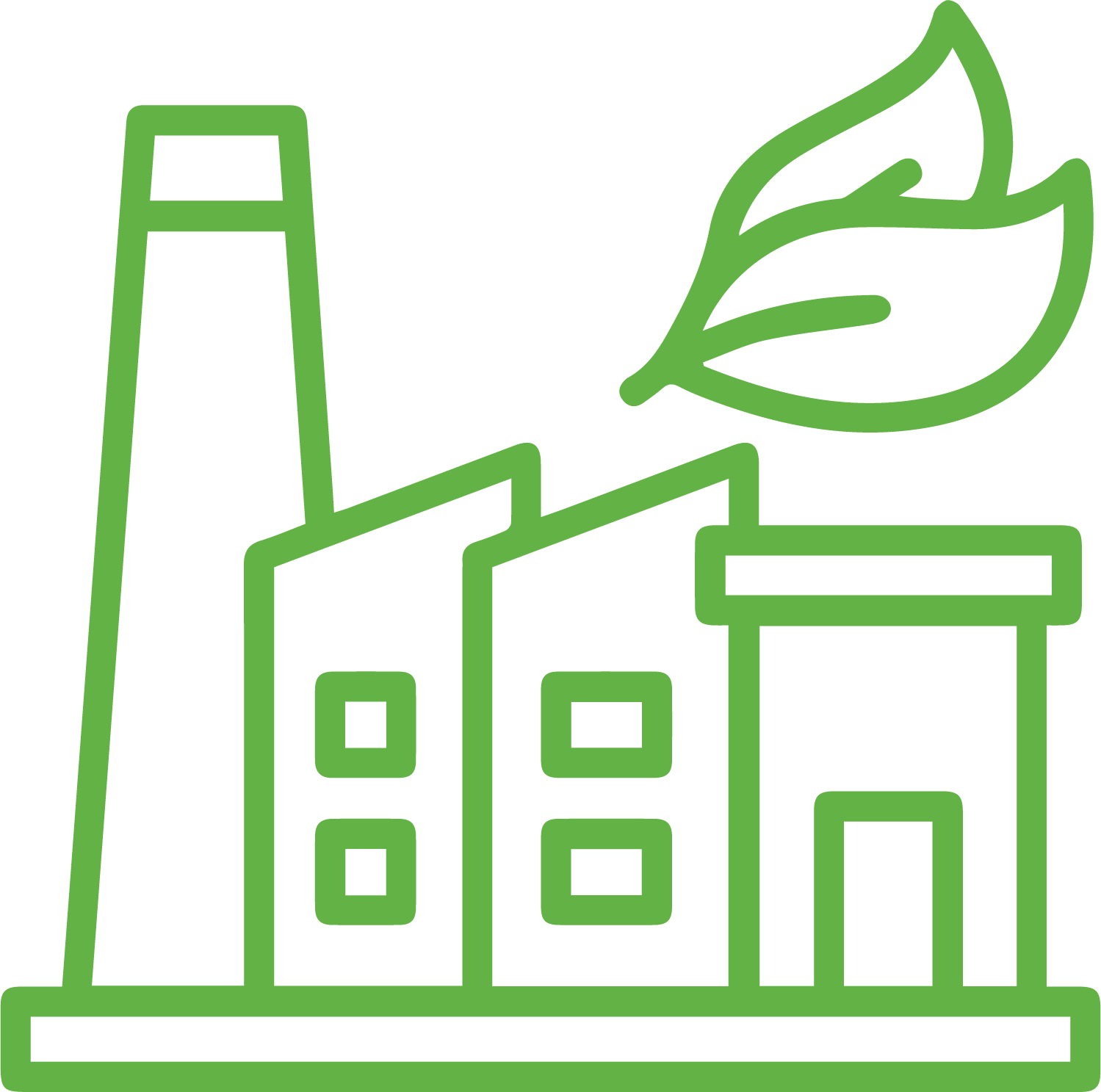 A green line drawing of a factory with a leaf coming out of the chimneys.